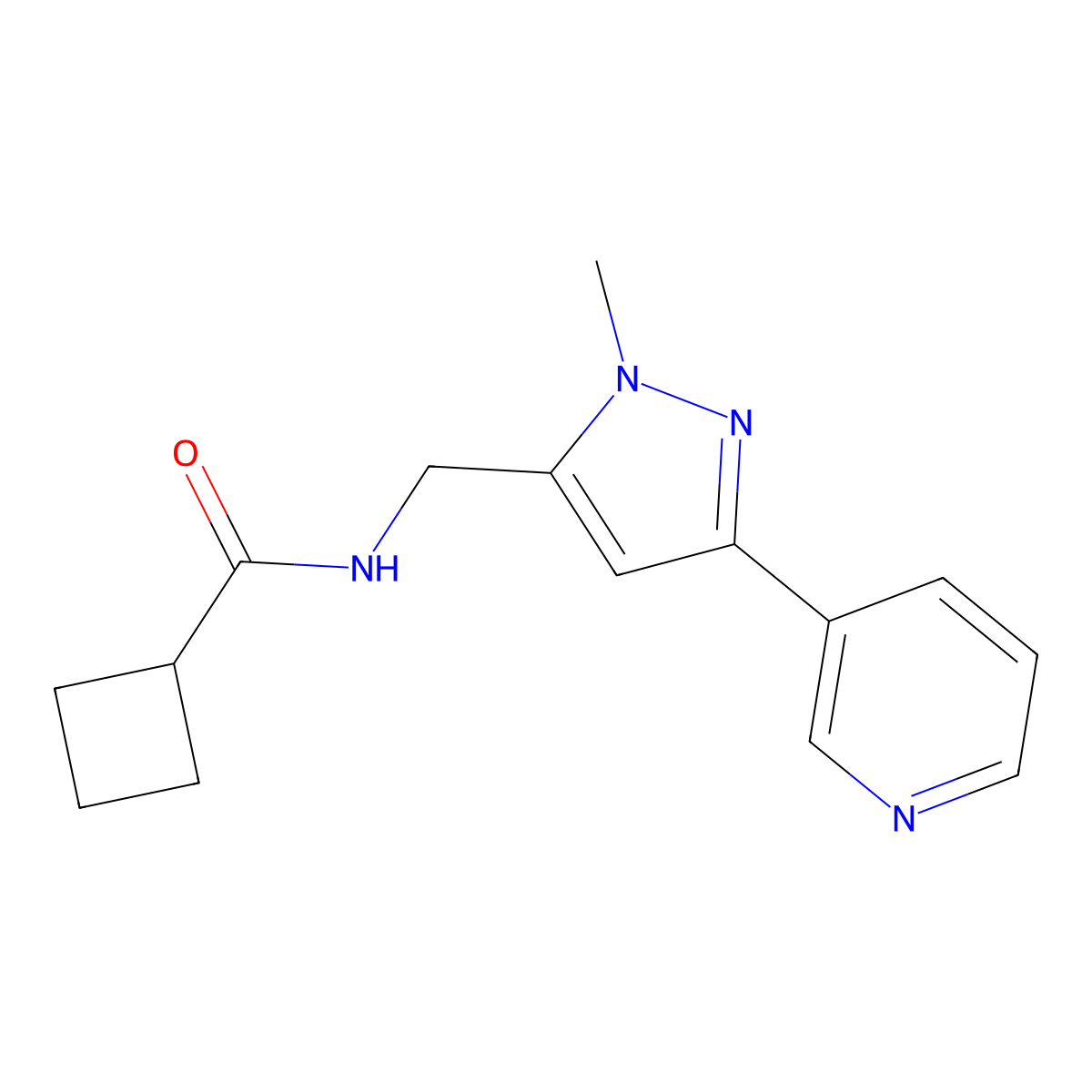 N-((1-methyl-3-(pyridin-3-yl)-1H-pyrazol-5-yl)methyl)cyclobutanecarboxamide molecular structure, CAS 2034376-19-5
