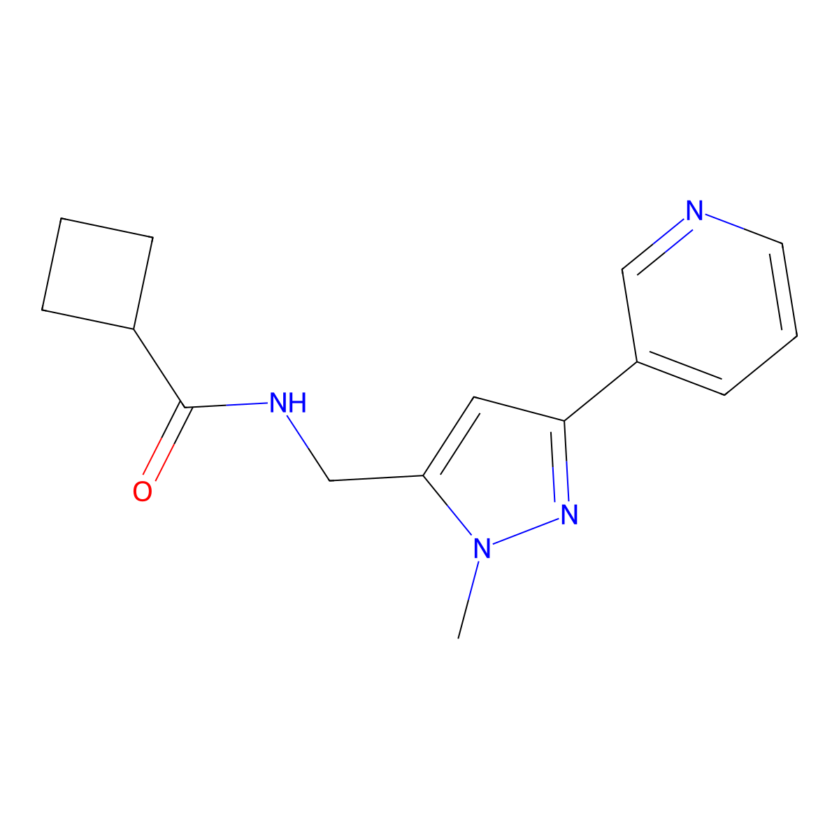 N-((1-methyl-3-(pyridin-3-yl)-1H-pyrazol-5-yl)methyl)cyclobutanecarboxamide molecular structure, CAS 2034376-19-5