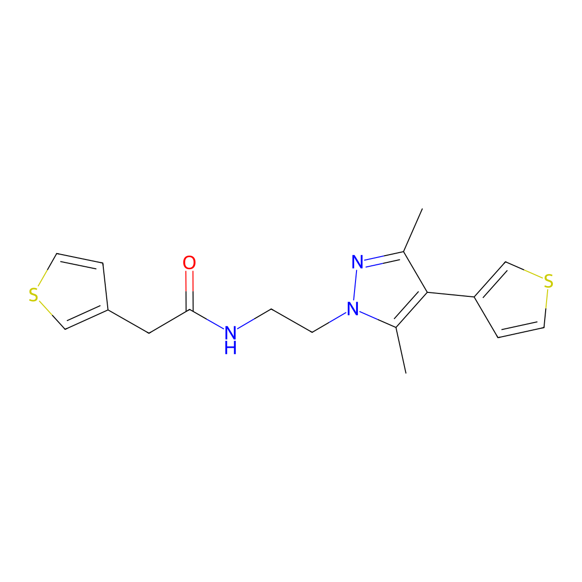 N-(2-(3,5-dimethyl-4-(thiophen-3-yl)-1H-pyrazol-1-yl)ethyl)-2-(thiophen-3-yl)acetamide molecular structure, CAS 2034376-22-0
