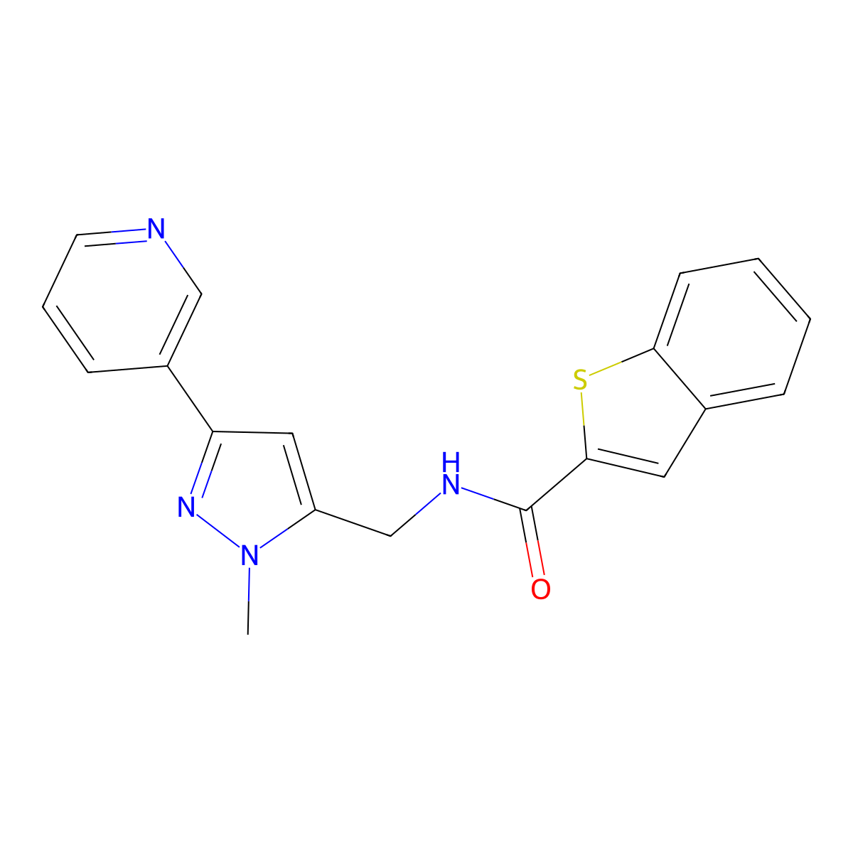 N-((1-methyl-3-(pyridin-3-yl)-1H-pyrazol-5-yl)methyl)benzo[b]thiophene-2-carboxamide molecular structure, CAS 2034376-25-3