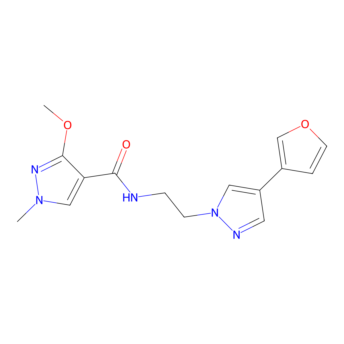 N-(2-(4-(furan-3-yl)-1H-pyrazol-1-yl)ethyl)-3-methoxy-1-methyl-1H-pyrazole-4-carboxamide molecular structure, CAS 2034376-27-5