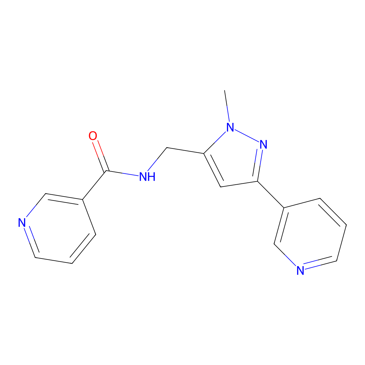 N-((1-methyl-3-(pyridin-3-yl)-1H-pyrazol-5-yl)methyl)nicotinamide molecular structure, CAS 2034376-37-7