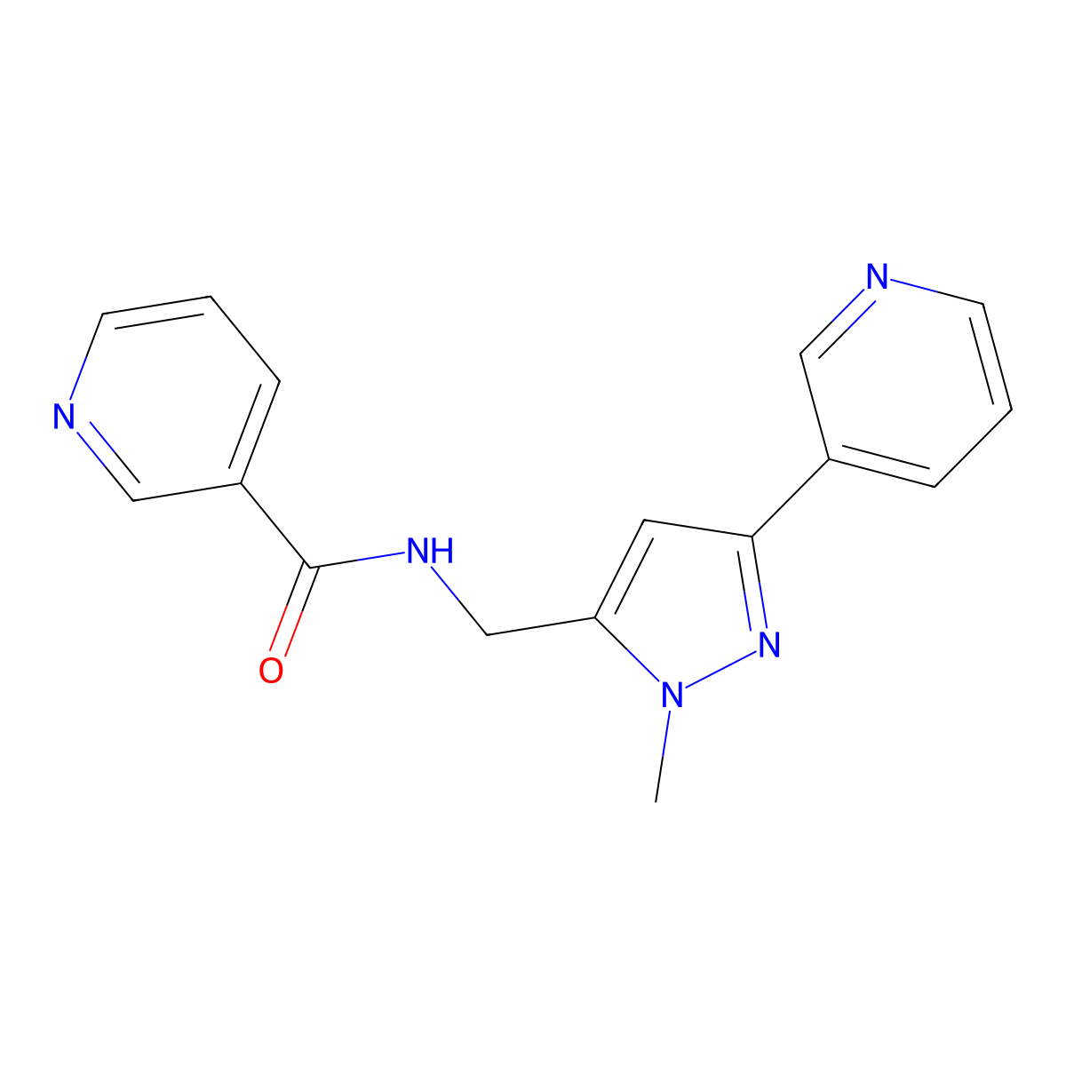 N-((1-methyl-3-(pyridin-3-yl)-1H-pyrazol-5-yl)methyl)nicotinamide molecular structure, CAS 2034376-37-7
