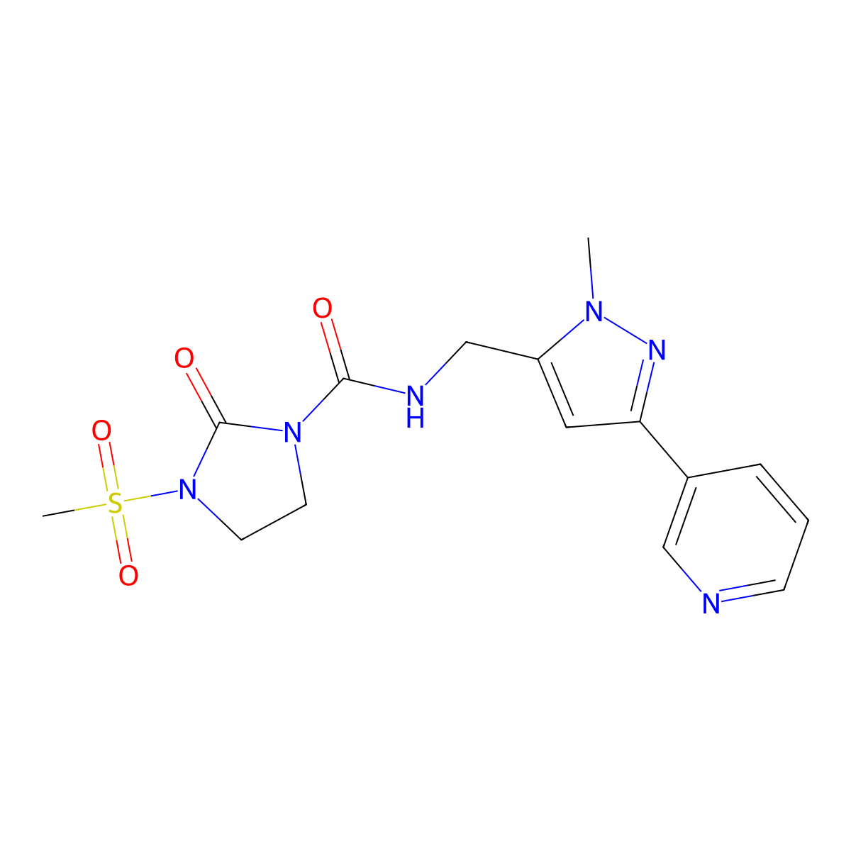 N-((1-methyl-3-(pyridin-3-yl)-1H-pyrazol-5-yl)methyl)-3-(methylsulfonyl)-2-oxoimidazolidine-1-carboxamide molecular structure, CAS 2034376-51-5