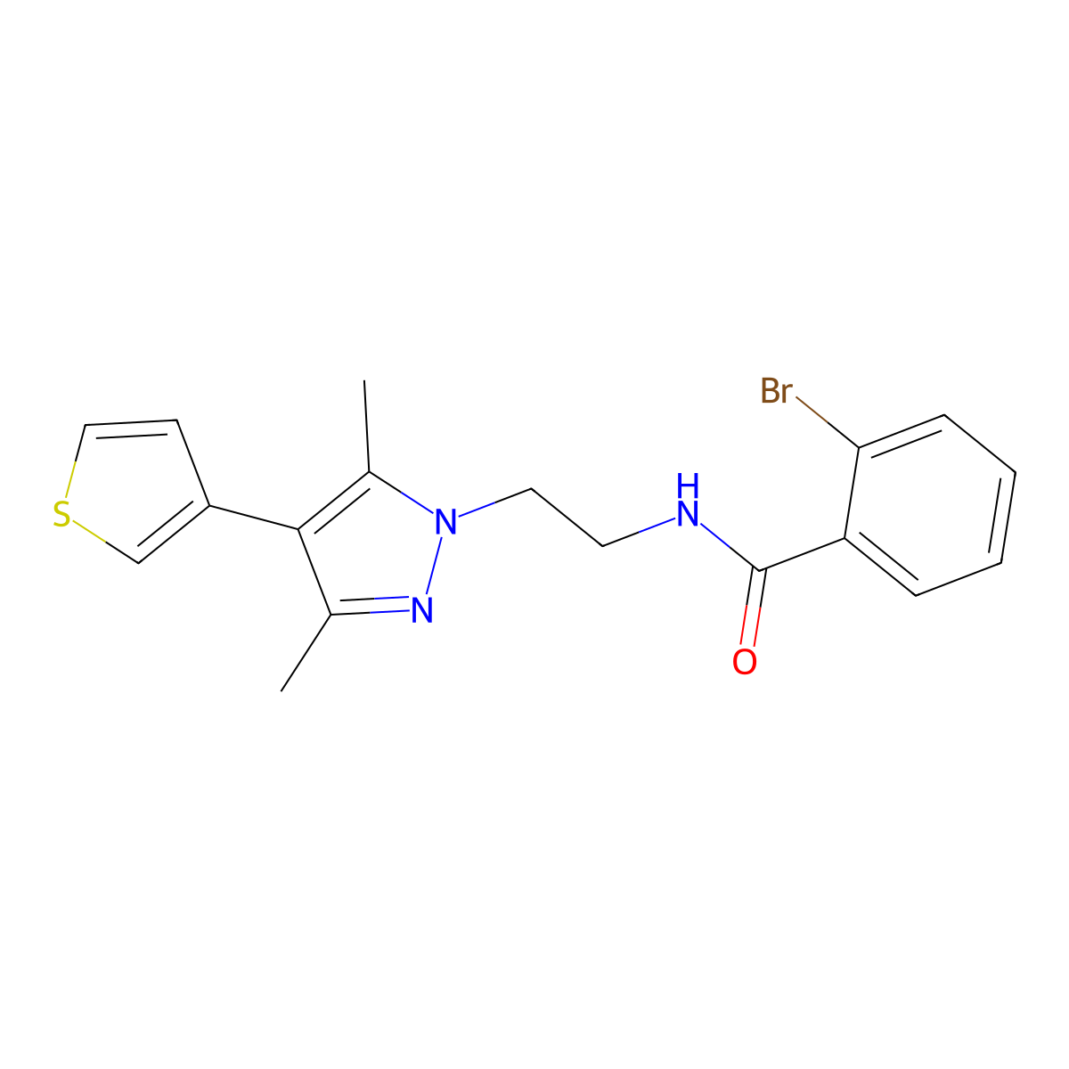 2-bromo-N-{2-[3,5-dimethyl-4-(thiophen-3-yl)-1H-pyrazol-1-yl]ethyl}benzamide molecular structure, CAS 2034376-52-6