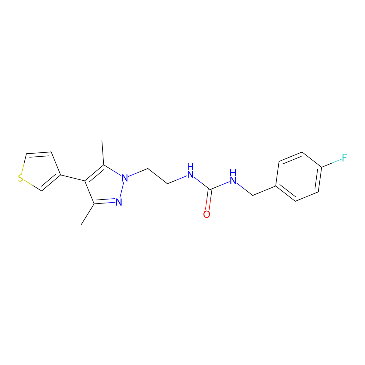 1-(2-(3,5-dimethyl-4-(thiophen-3-yl)-1H-pyrazol-1-yl)ethyl)-3-(4-fluorobenzyl)urea molecular structure, CAS 2034376-58-2