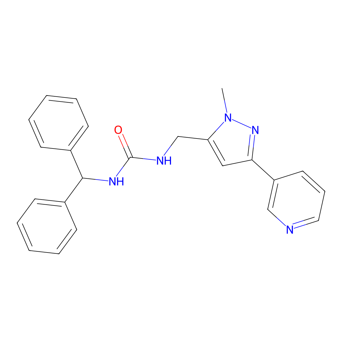 1-benzhydryl-3-((1-methyl-3-(pyridin-3-yl)-1H-pyrazol-5-yl)methyl)urea molecular structure, CAS 2034376-62-8