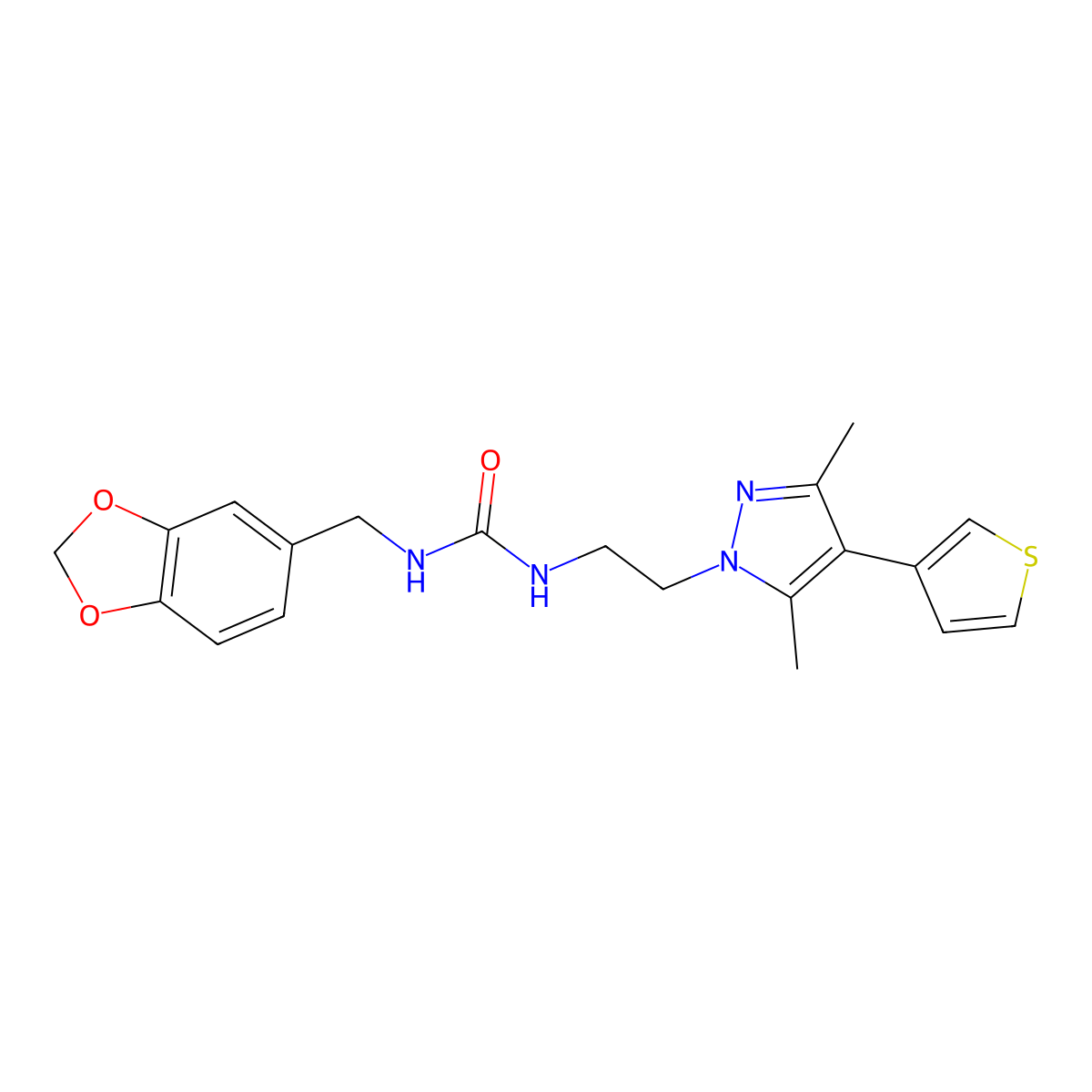 1-(benzo[d][1,3]dioxol-5-ylmethyl)-3-(2-(3,5-dimethyl-4-(thiophen-3-yl)-1H-pyrazol-1-yl)ethyl)urea molecular structure, CAS 2034376-64-0