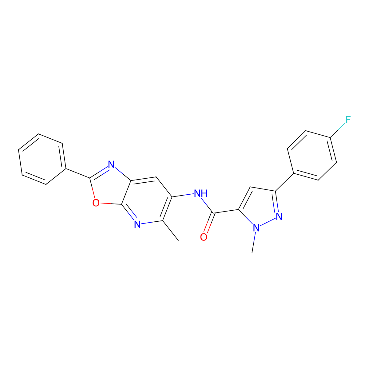 3-(4-fluorophenyl)-1-methyl-N-(5-methyl-2-phenyloxazolo[5,4-b]pyridin-6-yl)-1H-pyrazole-5-carboxamide molecular structure, CAS 2034376-68-4