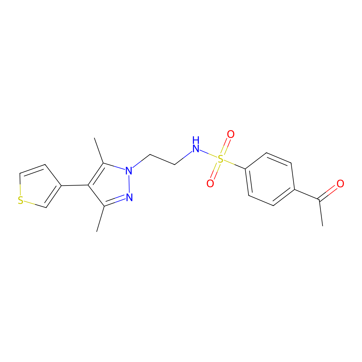 4-acetyl-N-(2-(3,5-dimethyl-4-(thiophen-3-yl)-1H-pyrazol-1-yl)ethyl)benzenesulfonamide molecular structure, CAS 2034376-72-0
