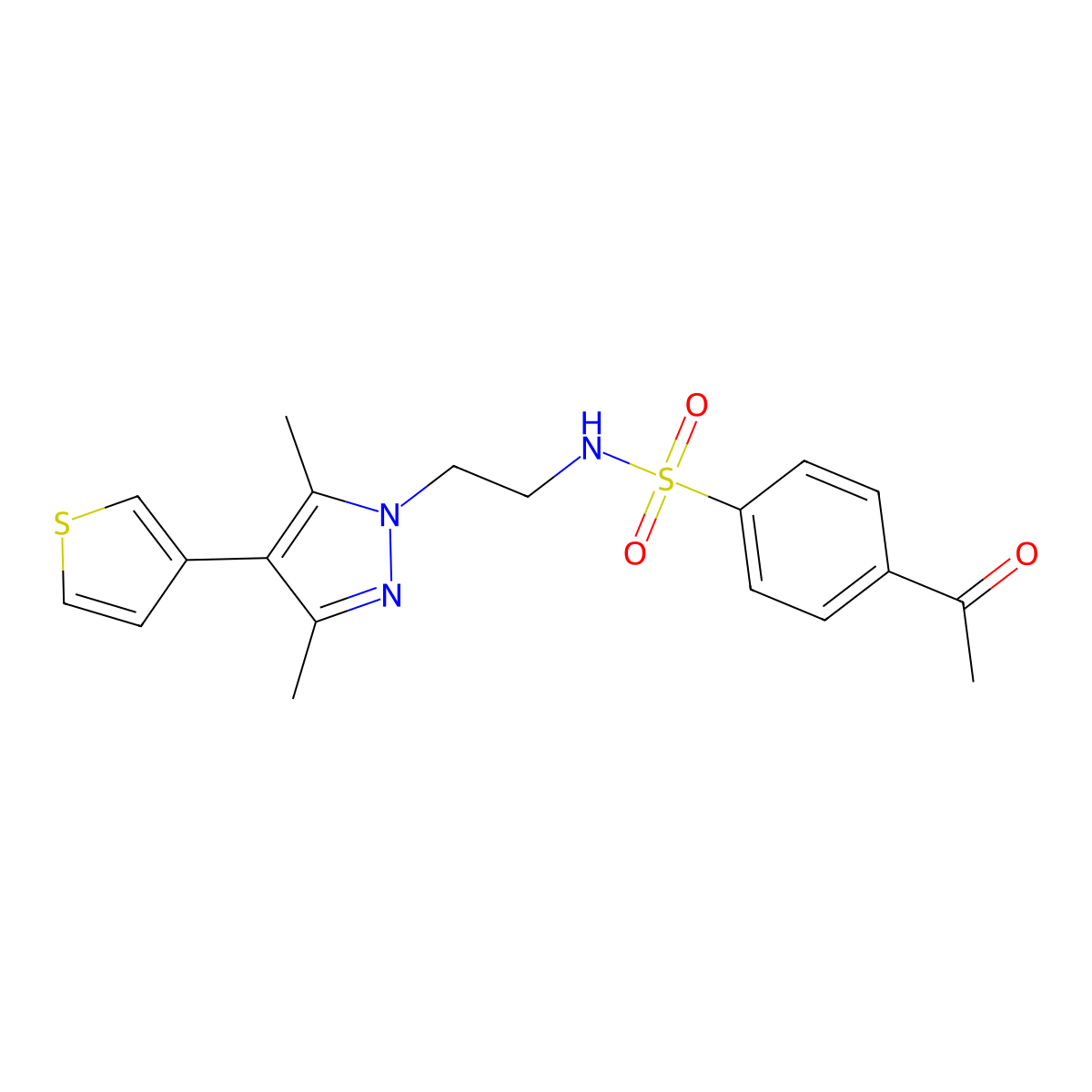 4-acetyl-N-(2-(3,5-dimethyl-4-(thiophen-3-yl)-1H-pyrazol-1-yl)ethyl)benzenesulfonamide molecular structure, CAS 2034376-72-0
