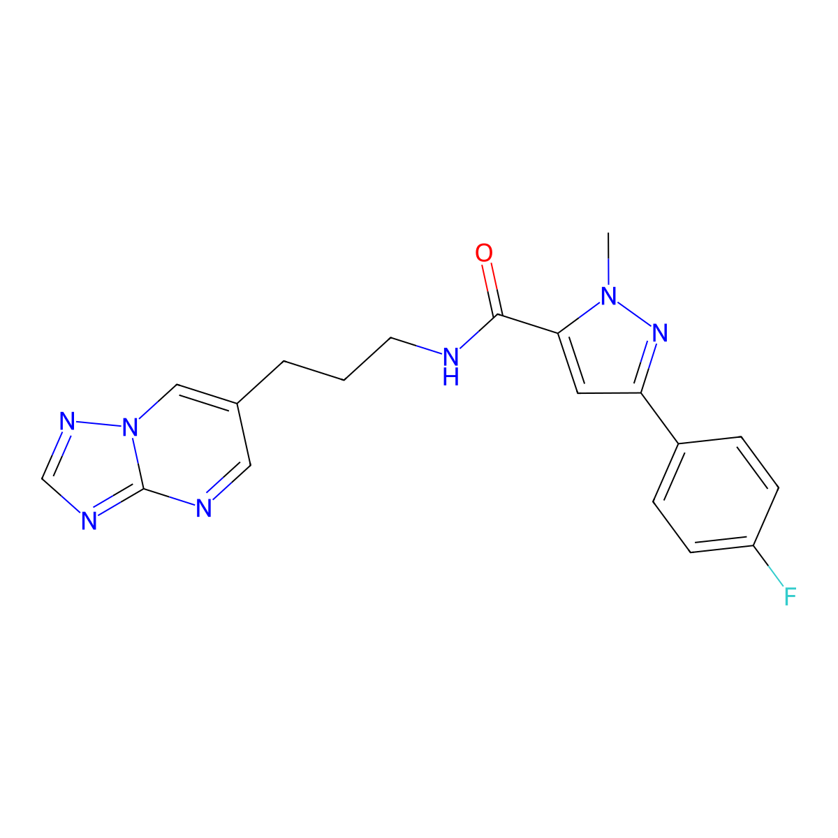 N-(3-([1,2,4]triazolo[1,5-a]pyrimidin-6-yl)propyl)-3-(4-fluorophenyl)-1-methyl-1H-pyrazole-5-carboxamide molecular structure, CAS 2034376-74-2