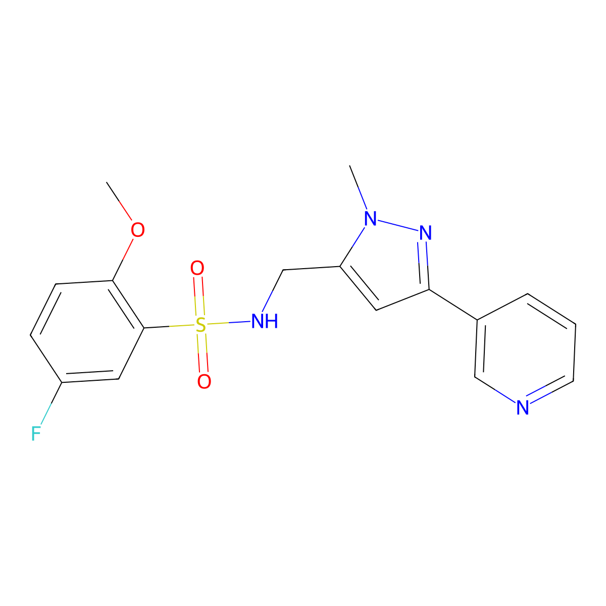 5-fluoro-2-methoxy-N-((1-methyl-3-(pyridin-3-yl)-1H-pyrazol-5-yl)methyl)benzenesulfonamide molecular structure, CAS 2034376-81-1