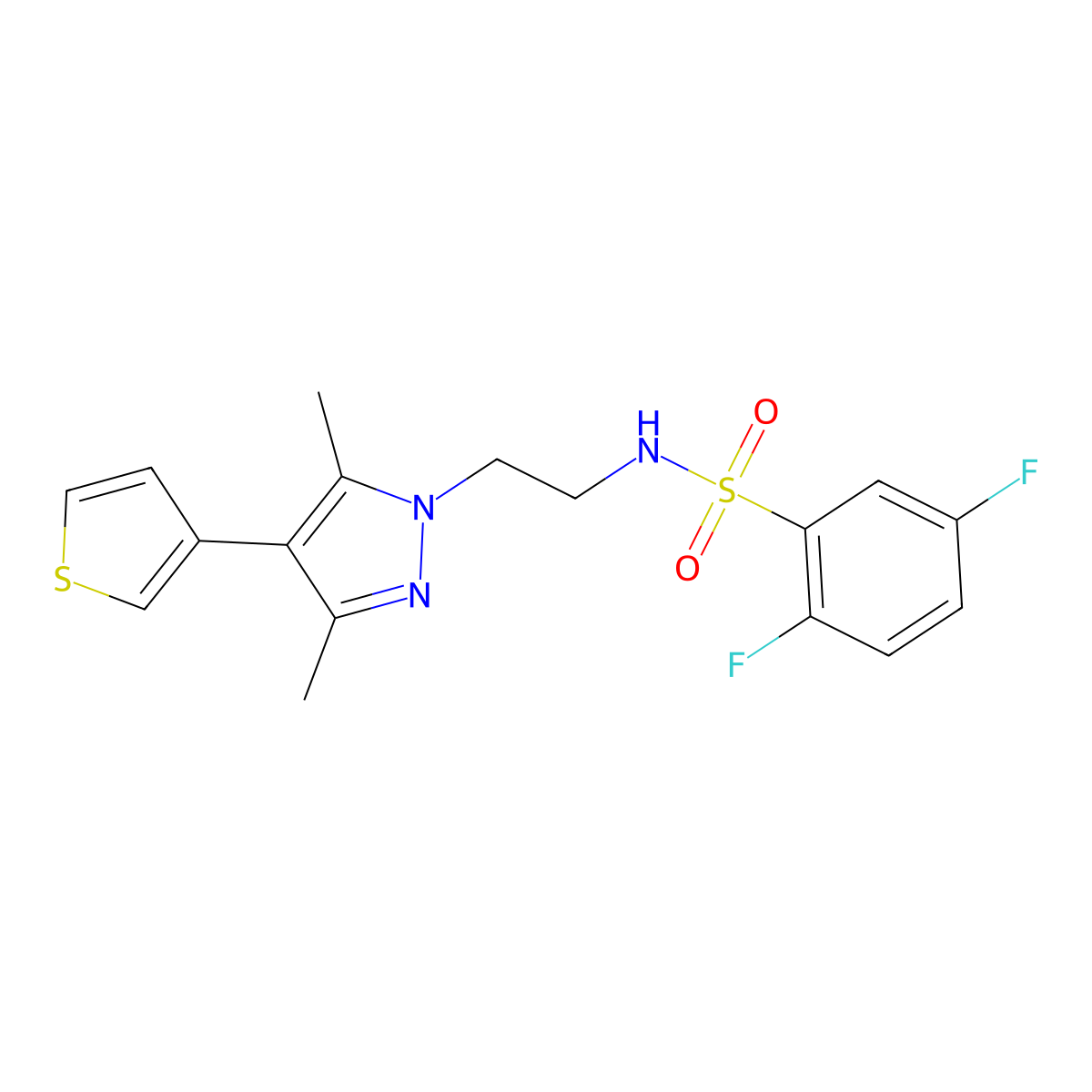 N-(2-(3,5-dimethyl-4-(thiophen-3-yl)-1H-pyrazol-1-yl)ethyl)-2,5-difluorobenzenesulfonamide molecular structure, CAS 2034376-84-4