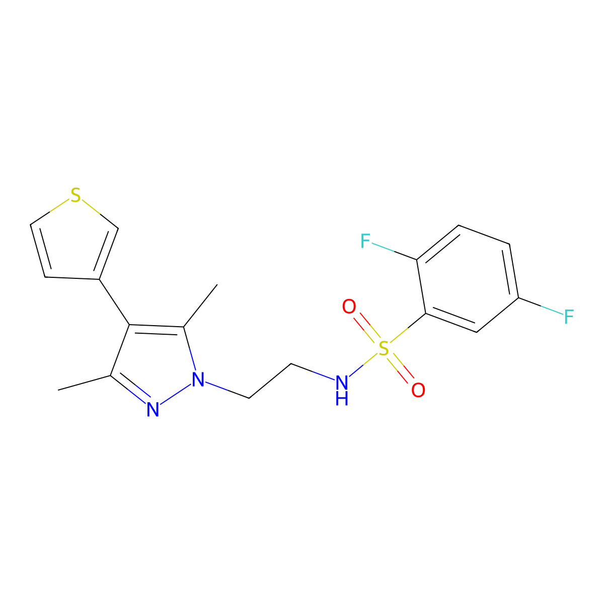N-(2-(3,5-dimethyl-4-(thiophen-3-yl)-1H-pyrazol-1-yl)ethyl)-2,5-difluorobenzenesulfonamide molecular structure, CAS 2034376-84-4