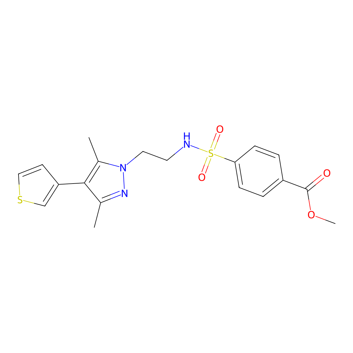 methyl 4-(N-(2-(3,5-dimethyl-4-(thiophen-3-yl)-1H-pyrazol-1-yl)ethyl)sulfamoyl)benzoate molecular structure, CAS 2034376-90-2