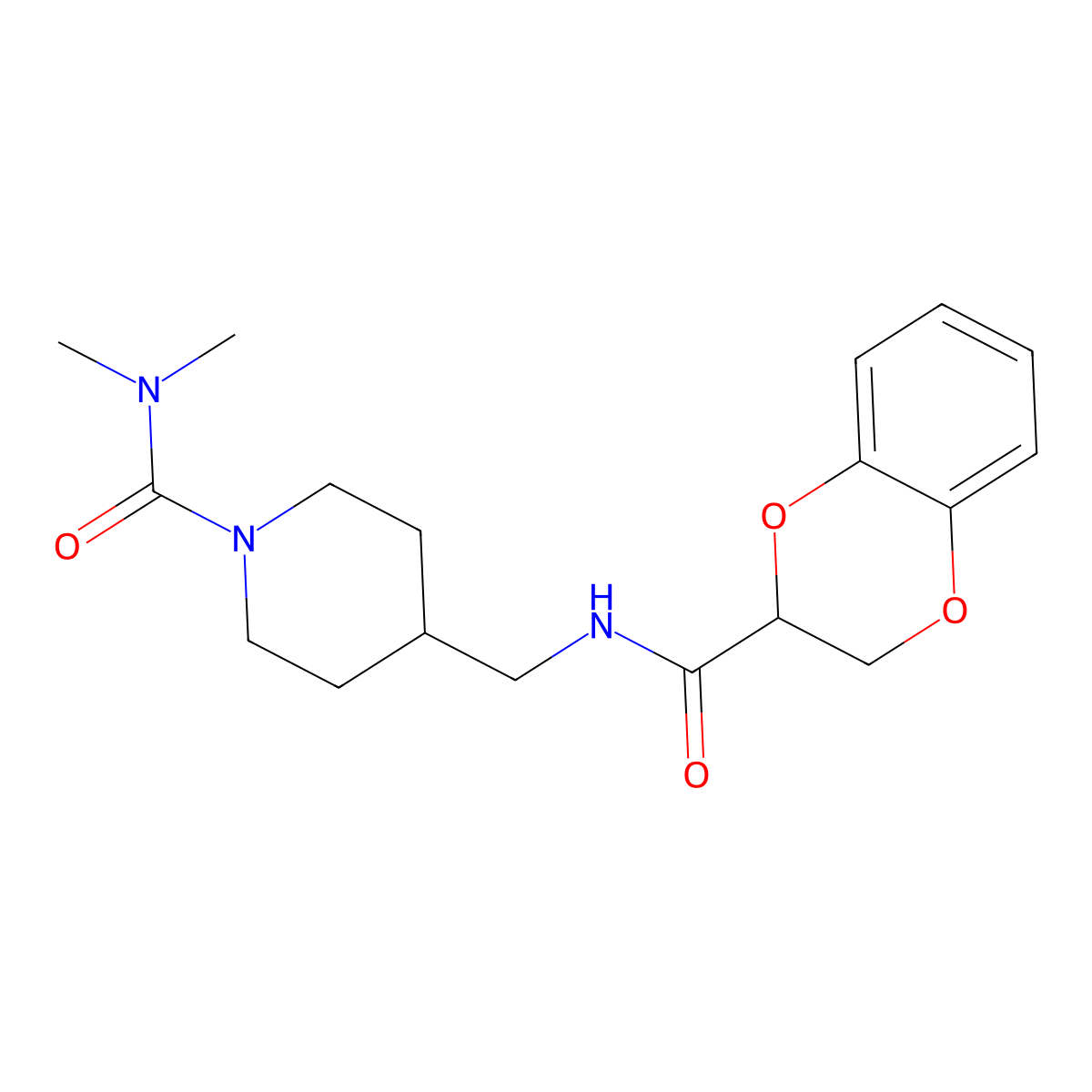 4-((2,3-dihydrobenzo[b][1,4]dioxine-2-carboxamido)methyl)-N,N-dimethylpiperidine-1-carboxamide molecular structure, CAS 2034376-91-3