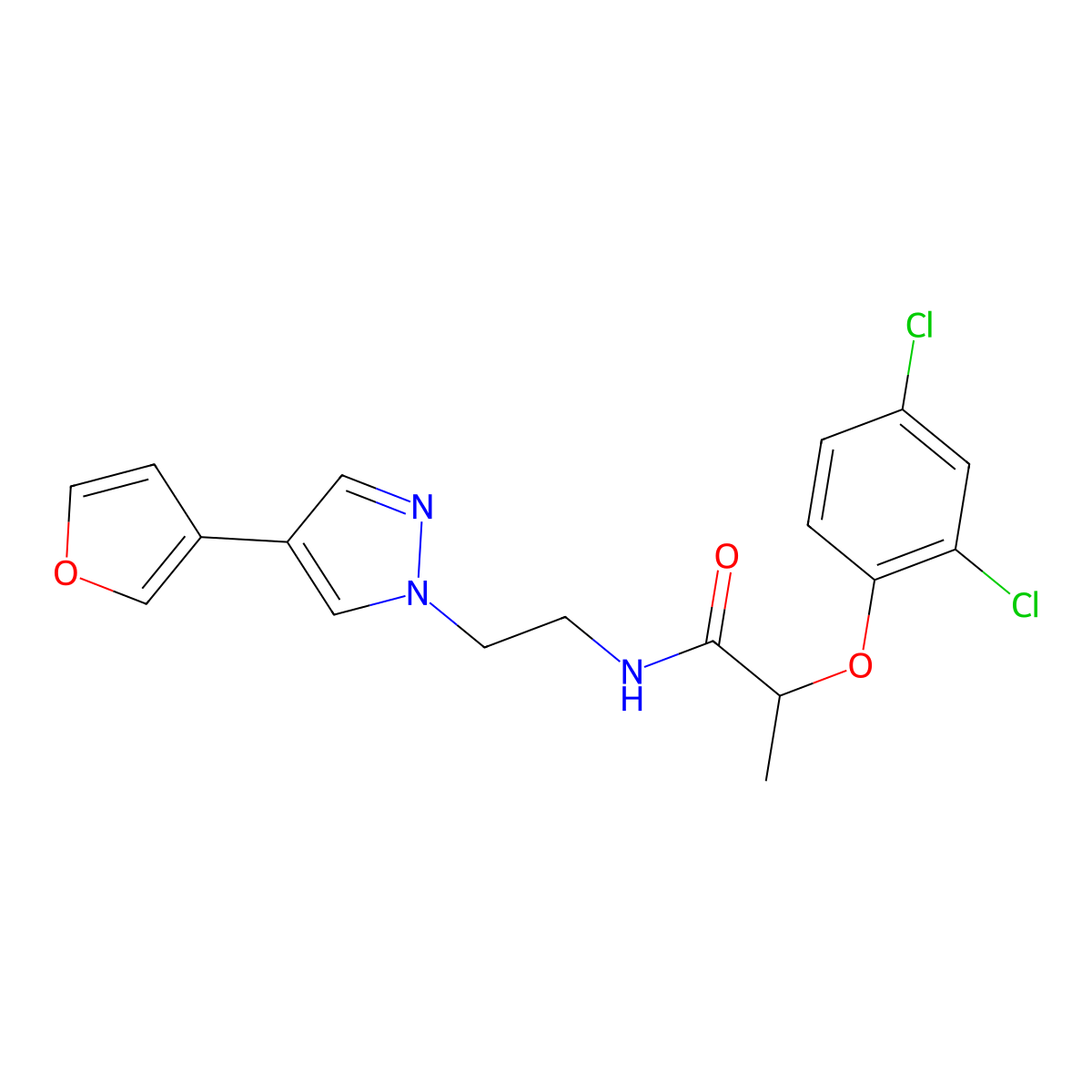 2-(2,4-dichlorophenoxy)-N-{2-[4-(furan-3-yl)-1H-pyrazol-1-yl]ethyl}propanamide molecular structure, CAS 2034376-92-4