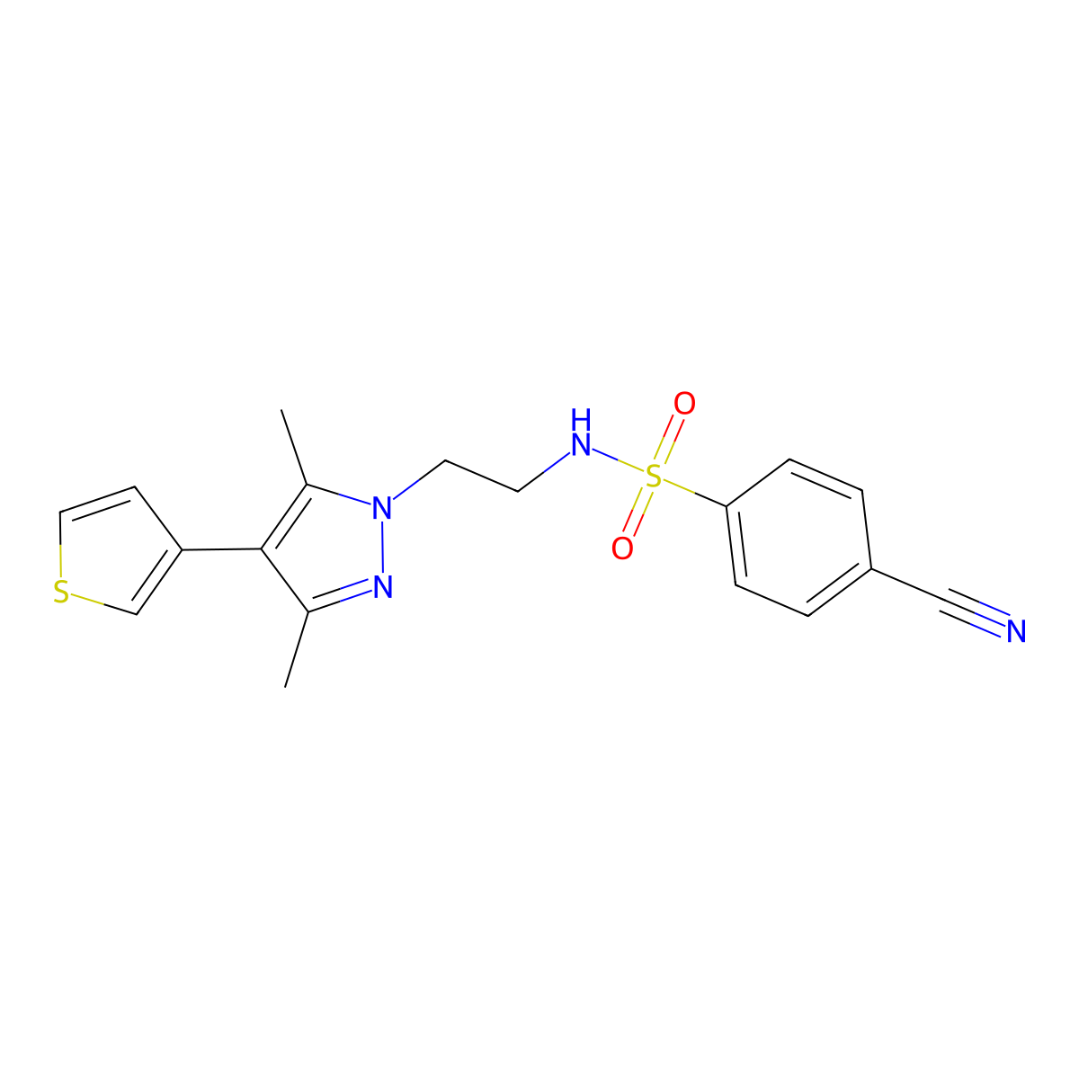 4-cyano-N-(2-(3,5-dimethyl-4-(thiophen-3-yl)-1H-pyrazol-1-yl)ethyl)benzenesulfonamide molecular structure, CAS 2034376-93-5