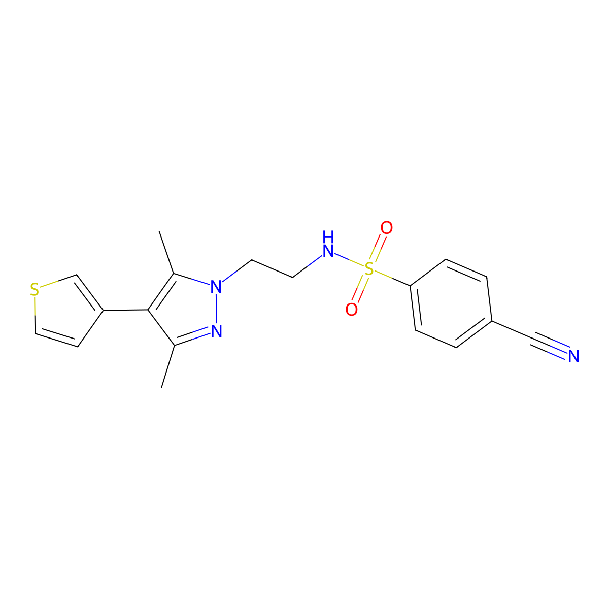 4-cyano-N-(2-(3,5-dimethyl-4-(thiophen-3-yl)-1H-pyrazol-1-yl)ethyl)benzenesulfonamide molecular structure, CAS 2034376-93-5