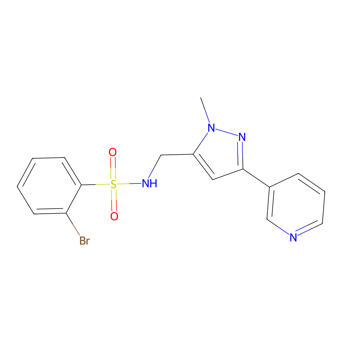2-bromo-N-((1-methyl-3-(pyridin-3-yl)-1H-pyrazol-5-yl)methyl)benzenesulfonamide molecular structure, CAS 2034376-94-6