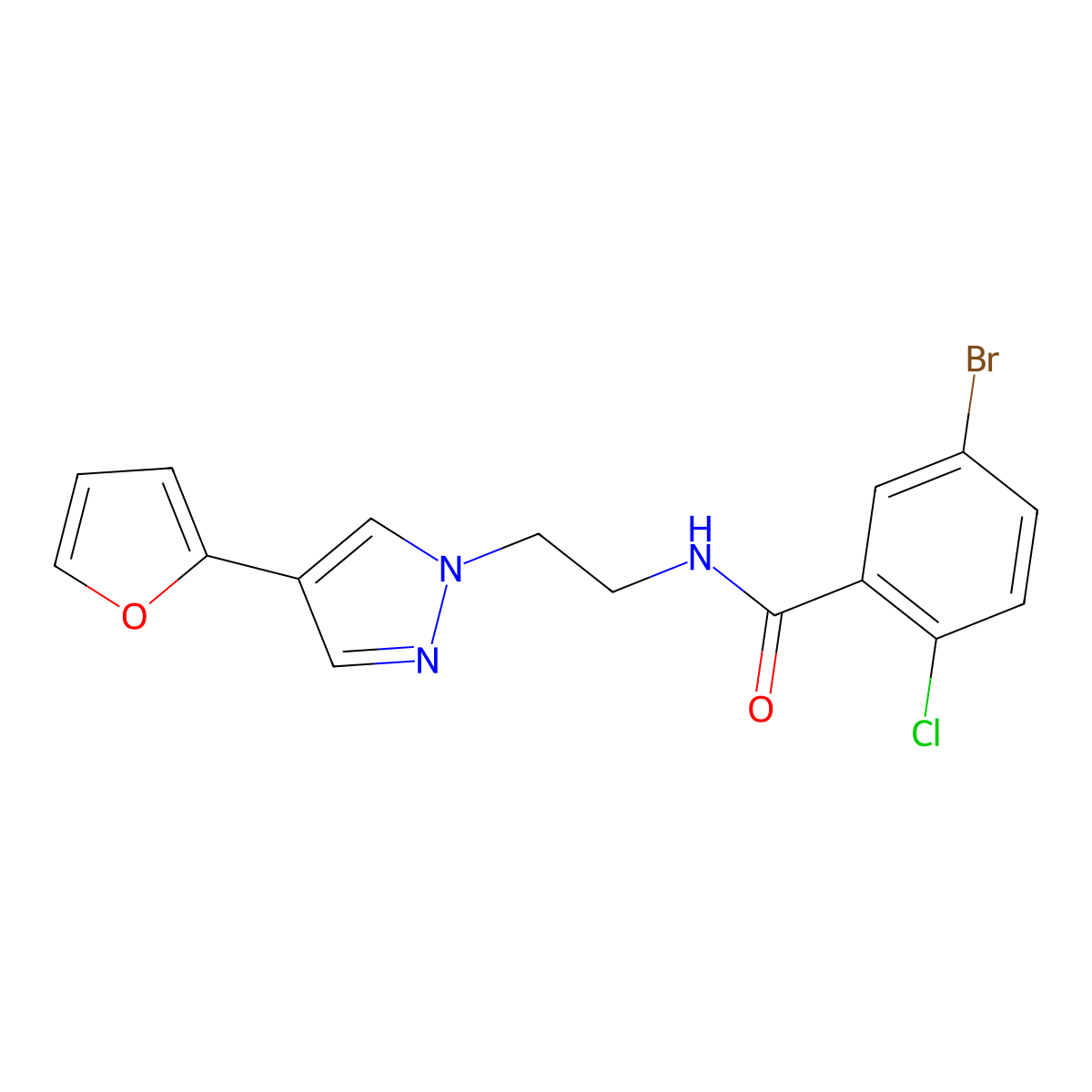 5-bromo-2-chloro-N-(2-(4-(furan-2-yl)-1H-pyrazol-1-yl)ethyl)benzamide molecular structure, CAS 2034377-08-5