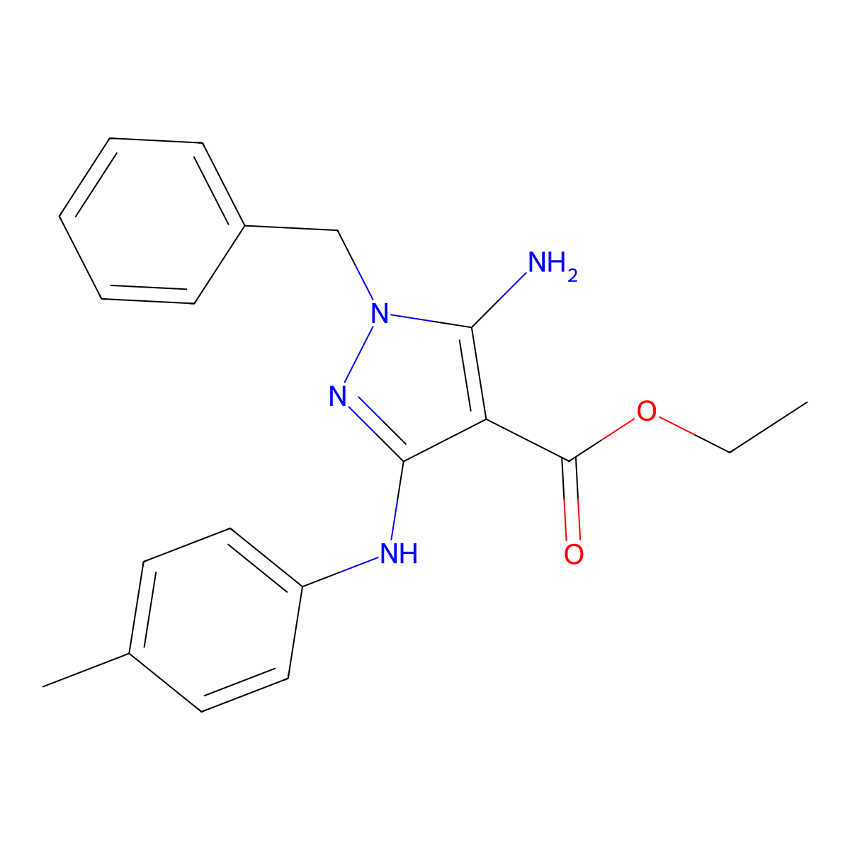 ethyl 5-amino-1-benzyl-3-(p-tolylamino)-1H-pyrazole-4-carboxylate molecular structure, CAS 2034377-15-4