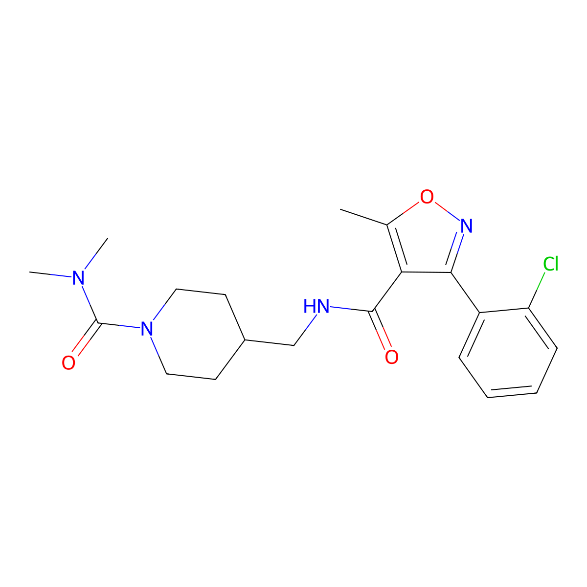 3-(2-chlorophenyl)-N-((1-(dimethylcarbamoyl)piperidin-4-yl)methyl)-5-methylisoxazole-4-carboxamide molecular structure, CAS 2034377-17-6