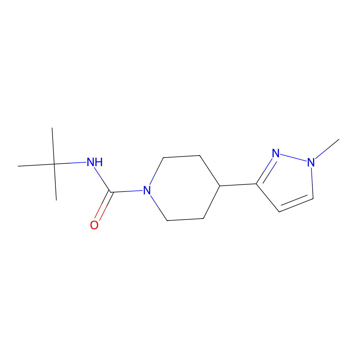 N-tert-butyl-4-(1-methyl-1H-pyrazol-3-yl)piperidine-1-carboxamide molecular structure, CAS 2034377-18-7