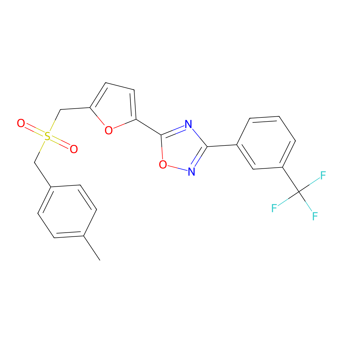 5-(5-(((4-Methylbenzyl)sulfonyl)methyl)furan-2-yl)-3-(3-(trifluoromethyl)phenyl)-1,2,4-oxadiazole molecular structure, CAS 2034377-22-3