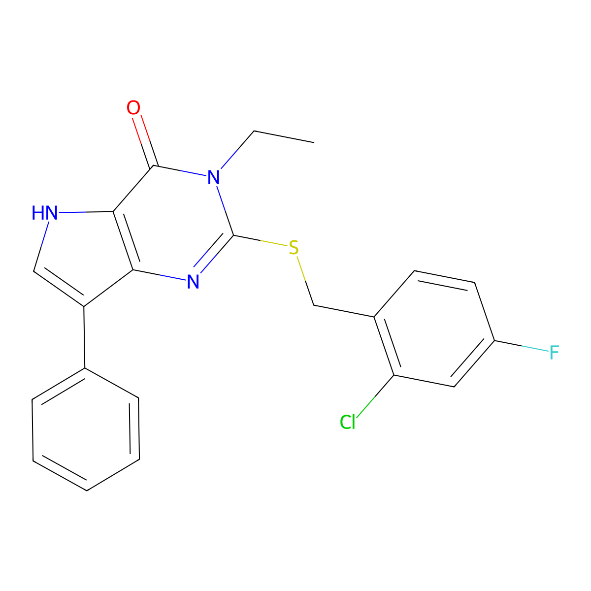2-((2-chloro-4-fluorobenzyl)thio)-3-ethyl-7-phenyl-3H-pyrrolo[3,2-d]pyrimidin-4(5H)-one molecular structure, CAS 2034377-33-6