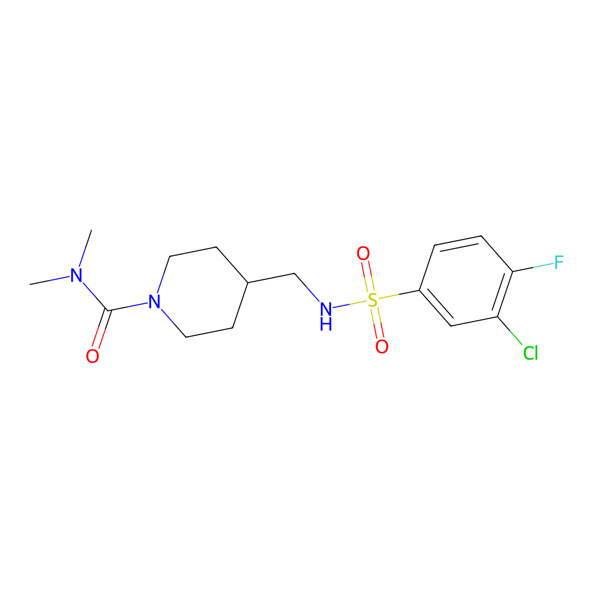 4-((3-chloro-4-fluorophenylsulfonamido)methyl)-N,N-dimethylpiperidine-1-carboxamide molecular structure, CAS 2034377-69-8