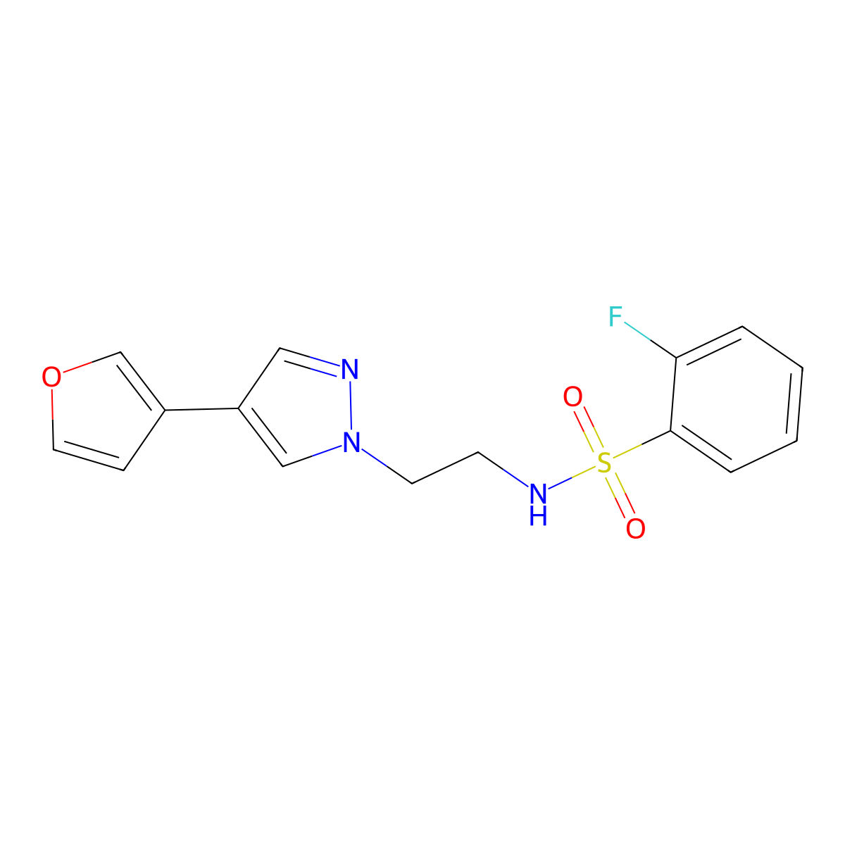 2-fluoro-N-(2-(4-(furan-3-yl)-1H-pyrazol-1-yl)ethyl)benzenesulfonamide molecular structure, CAS 2034377-78-9