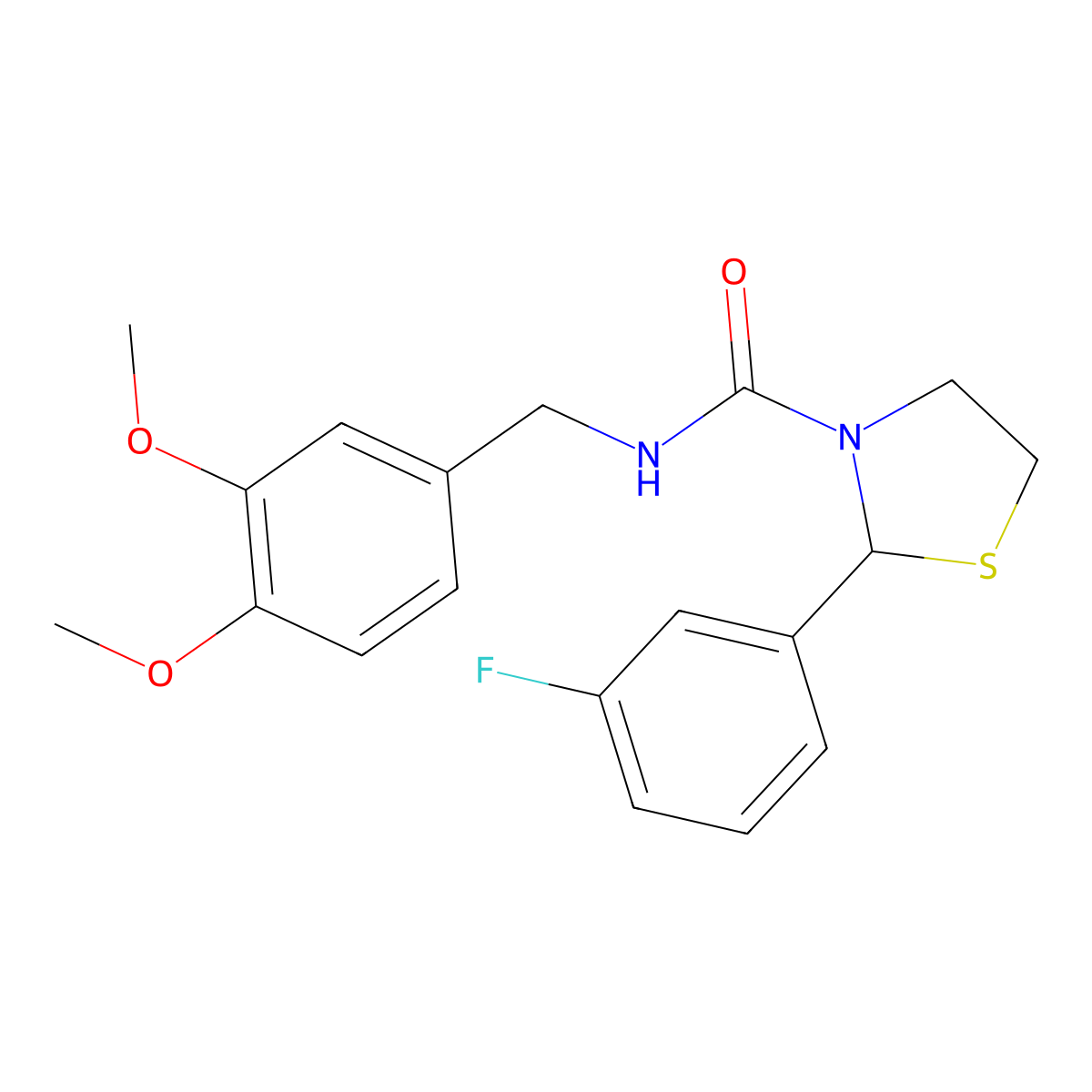 N-(3,4-dimethoxybenzyl)-2-(3-fluorophenyl)thiazolidine-3-carboxamide molecular structure, CAS 2034377-87-0