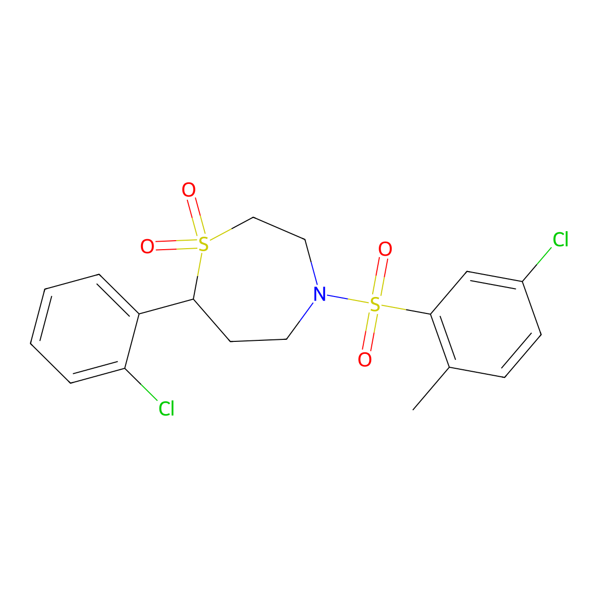 4-((5-Chloro-2-methylphenyl)sulfonyl)-7-(2-chlorophenyl)-1,4-thiazepane 1,1-dioxide molecular structure, CAS 2034377-97-2