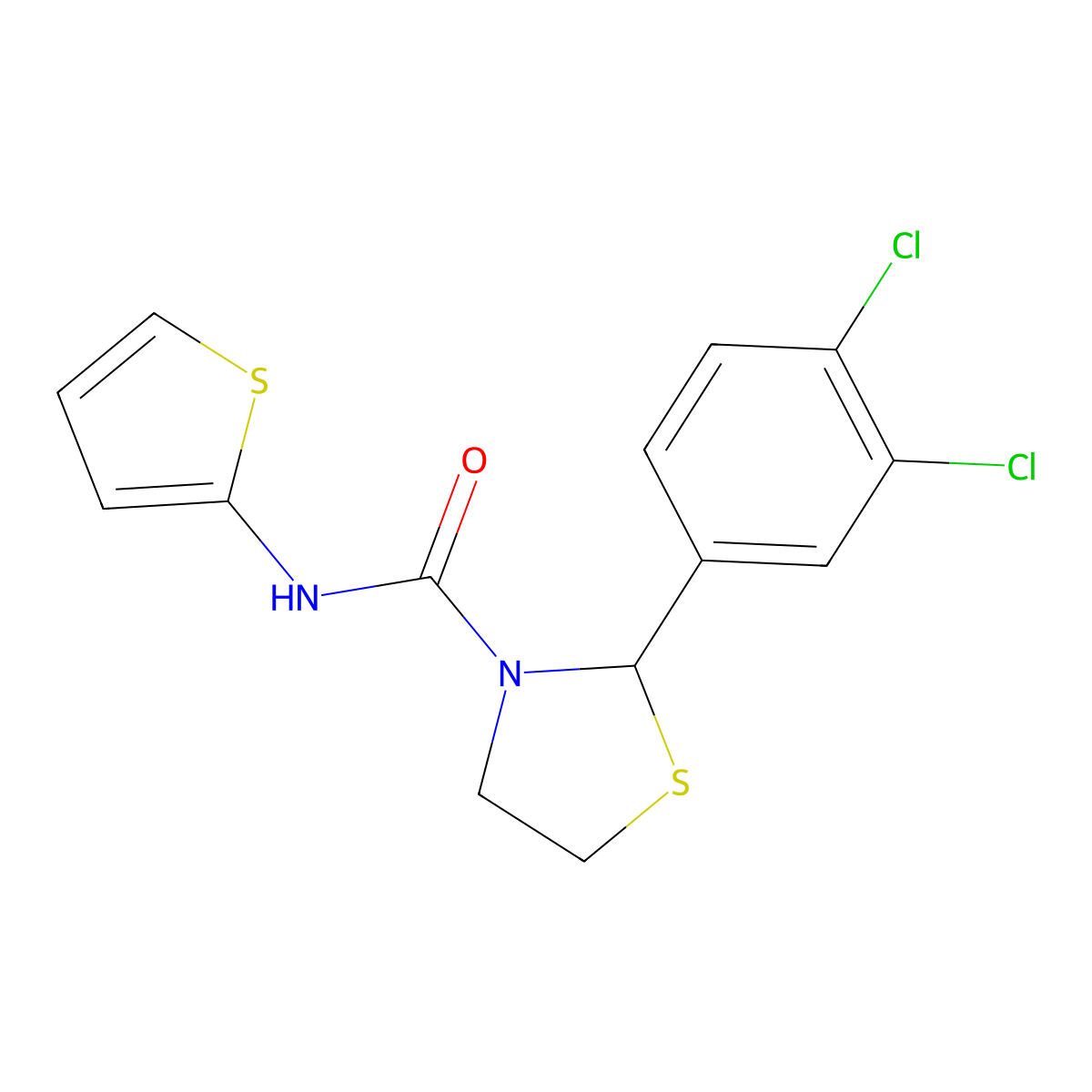 2-(3,4-dichlorophenyl)-N-(thiophen-2-yl)thiazolidine-3-carboxamide molecular structure, CAS 2034378-06-6