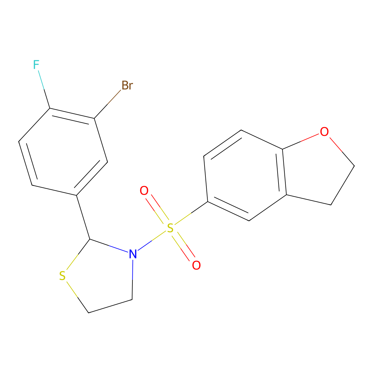 2-(3-Bromo-4-fluorophenyl)-3-((2,3-dihydrobenzofuran-5-yl)sulfonyl)thiazolidine molecular structure, CAS 2034378-22-6