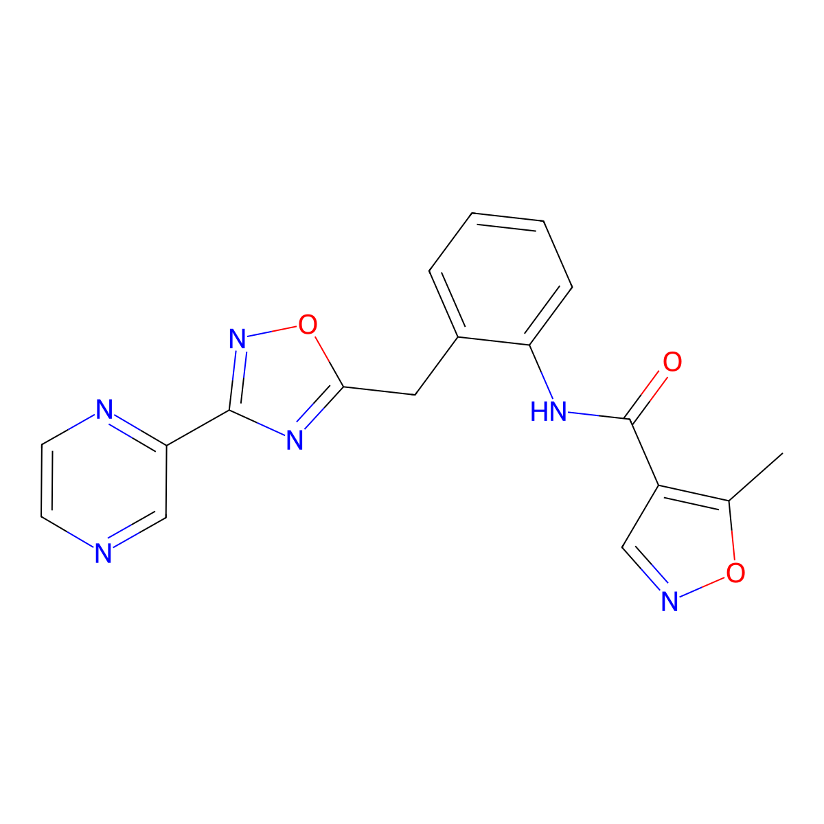 5-methyl-N-(2-((3-(pyrazin-2-yl)-1,2,4-oxadiazol-5-yl)methyl)phenyl)isoxazole-4-carboxamide molecular structure, CAS 2034378-30-6