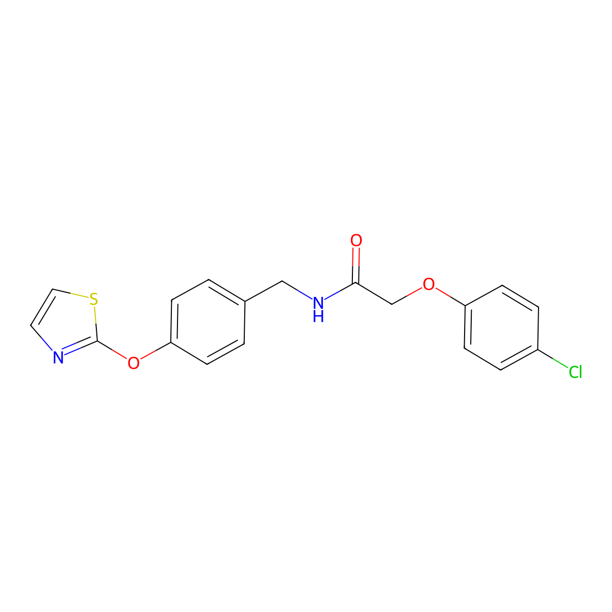 2-(4-chlorophenoxy)-N-(4-(thiazol-2-yloxy)benzyl)acetamide molecular structure, CAS 2034378-34-0