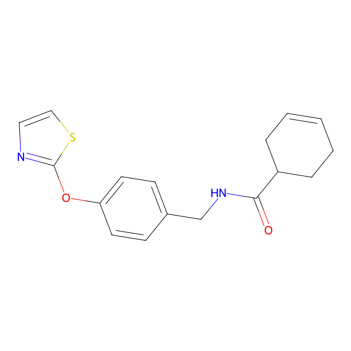 N-(4-(thiazol-2-yloxy)benzyl)cyclohex-3-enecarboxamide molecular structure, CAS 2034378-36-2