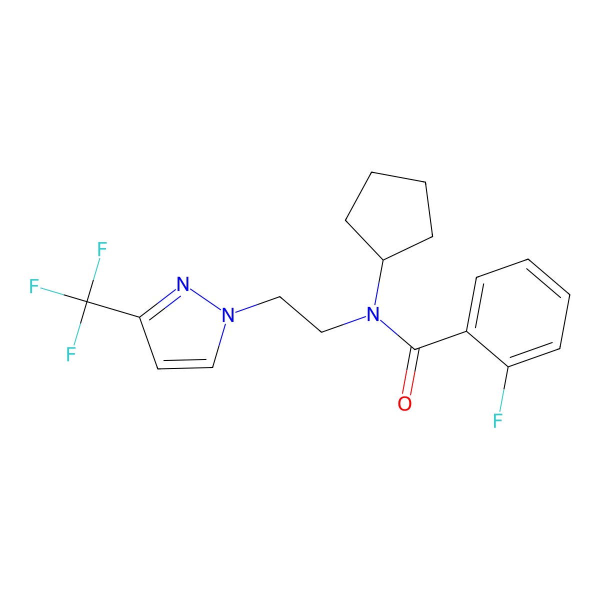 N-cyclopentyl-2-fluoro-N-(2-(3-(trifluoromethyl)-1H-pyrazol-1-yl)ethyl)benzamide molecular structure, CAS 2034378-55-5