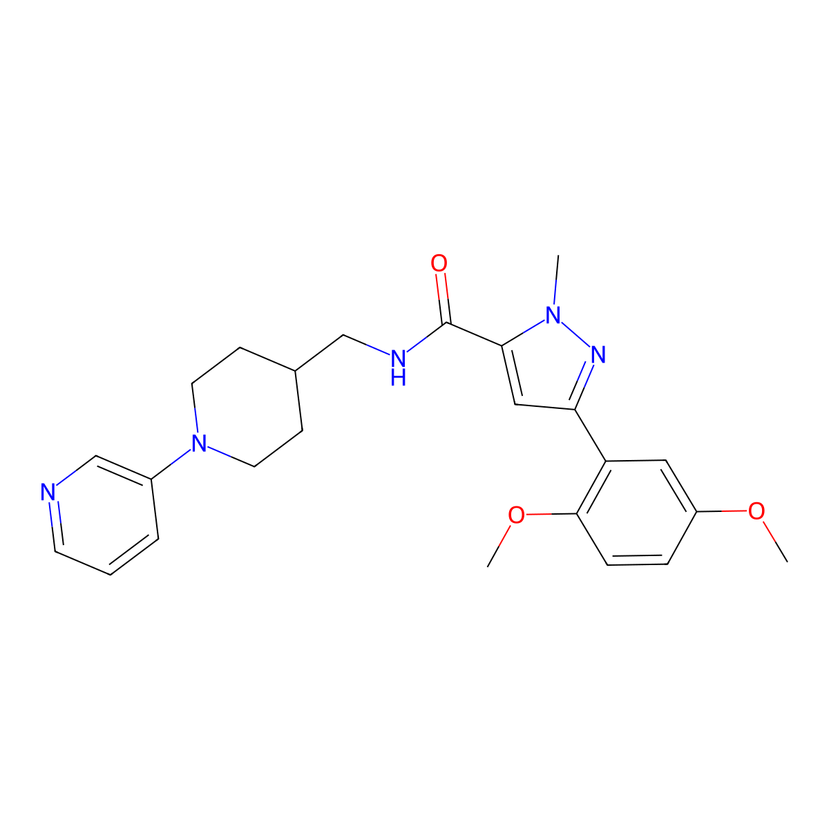 3-(2,5-dimethoxyphenyl)-1-methyl-N-{[1-(pyridin-3-yl)piperidin-4-yl]methyl}-1H-pyrazole-5-carboxamide molecular structure, CAS 2034378-69-1