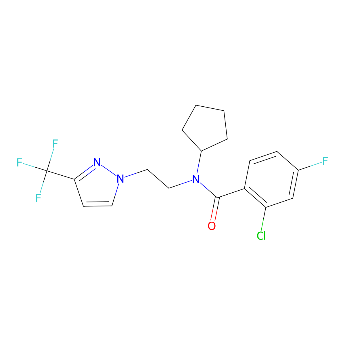 2-chloro-N-cyclopentyl-4-fluoro-N-{2-[3-(trifluoromethyl)-1H-pyrazol-1-yl]ethyl}benzamide molecular structure, CAS 2034378-71-5