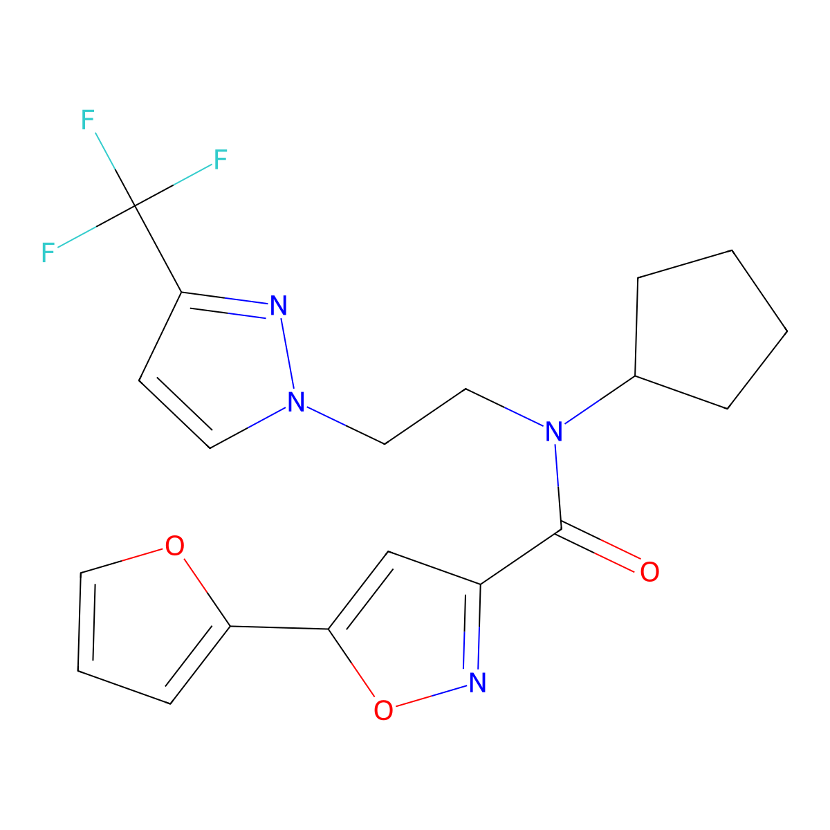 N-cyclopentyl-5-(furan-2-yl)-N-(2-(3-(trifluoromethyl)-1H-pyrazol-1-yl)ethyl)isoxazole-3-carboxamide molecular structure, CAS 2034378-75-9