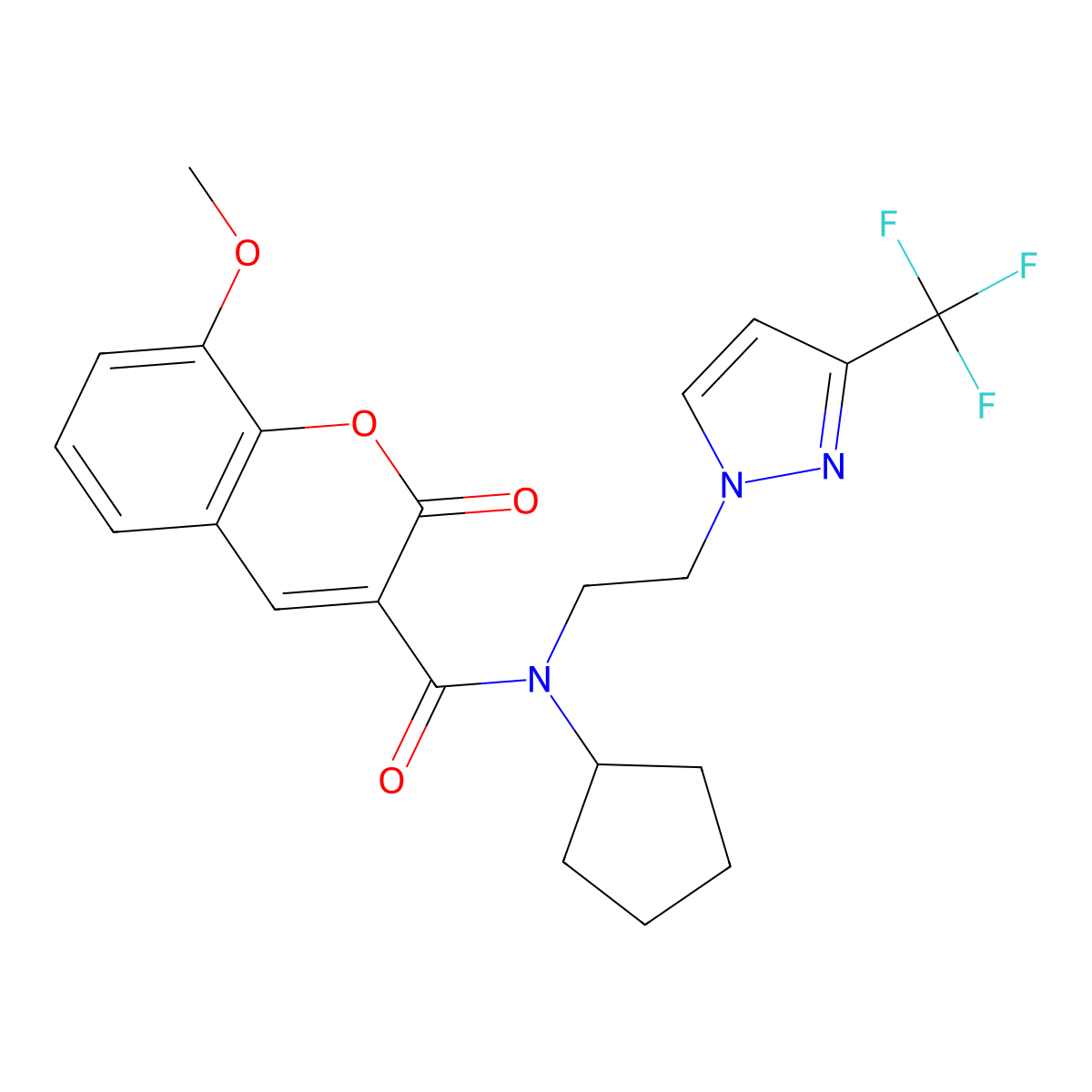 N-cyclopentyl-8-methoxy-2-oxo-N-(2-(3-(trifluoromethyl)-1H-pyrazol-1-yl)ethyl)-2H-chromene-3-carboxamide molecular structure, CAS 2034378-83-9