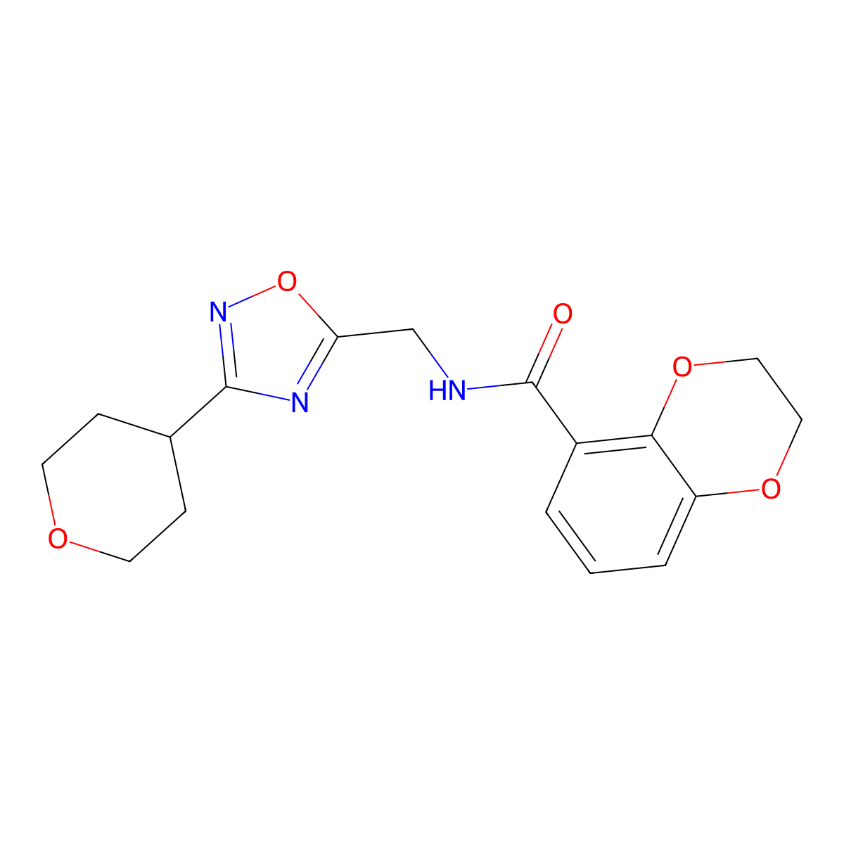 N-((3-(tetrahydro-2H-pyran-4-yl)-1,2,4-oxadiazol-5-yl)methyl)-2,3-dihydrobenzo[b][1,4]dioxine-5-carboxamide molecular structure, CAS 2034378-94-2