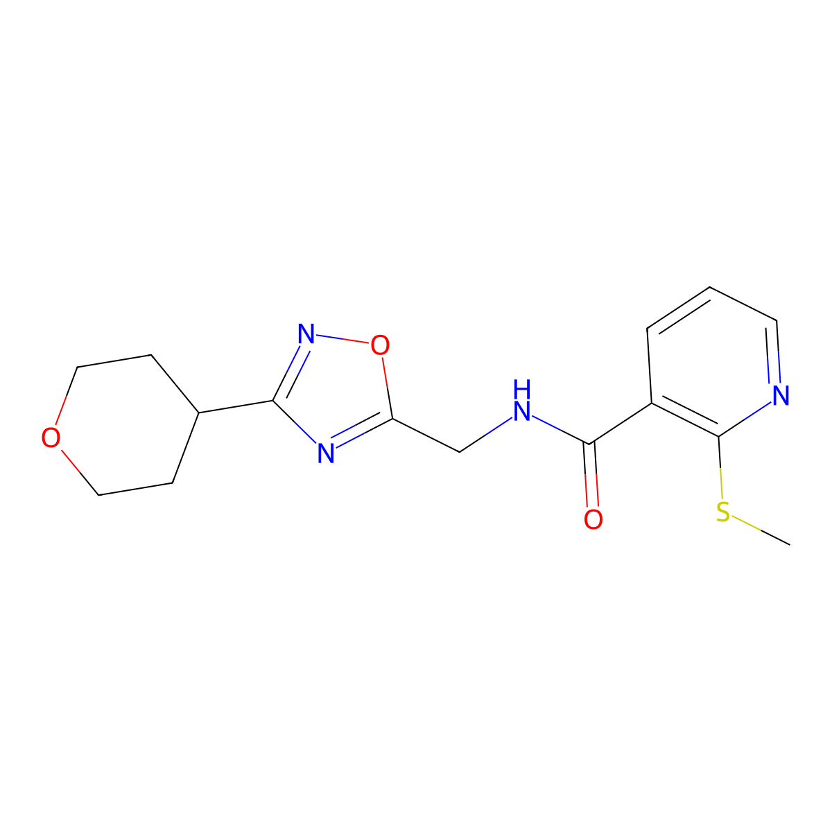 2-(methylsulfanyl)-N-{[3-(oxan-4-yl)-1,2,4-oxadiazol-5-yl]methyl}pyridine-3-carboxamide molecular structure, CAS 2034379-01-4
