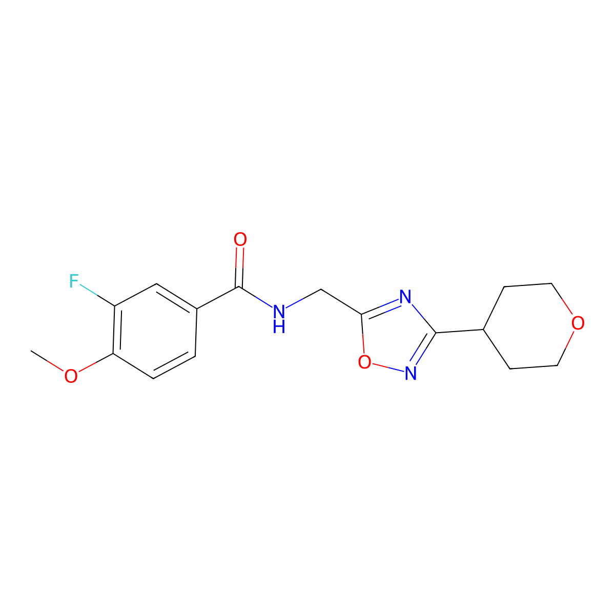 3-fluoro-4-methoxy-N-((3-(tetrahydro-2H-pyran-4-yl)-1,2,4-oxadiazol-5-yl)methyl)benzamide molecular structure, CAS 2034379-04-7