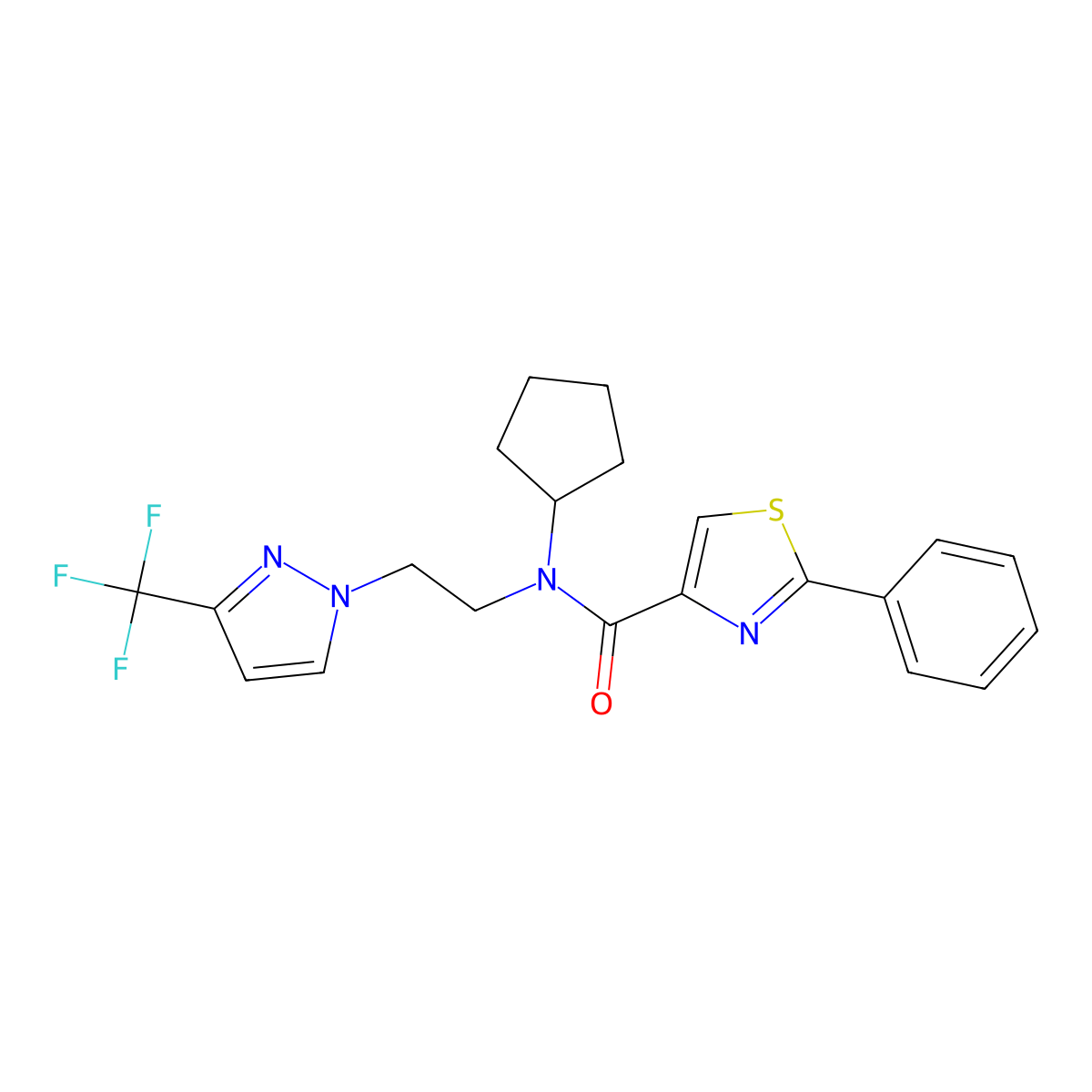 N-cyclopentyl-2-phenyl-N-(2-(3-(trifluoromethyl)-1H-pyrazol-1-yl)ethyl)thiazole-4-carboxamide molecular structure, CAS 2034379-09-2
