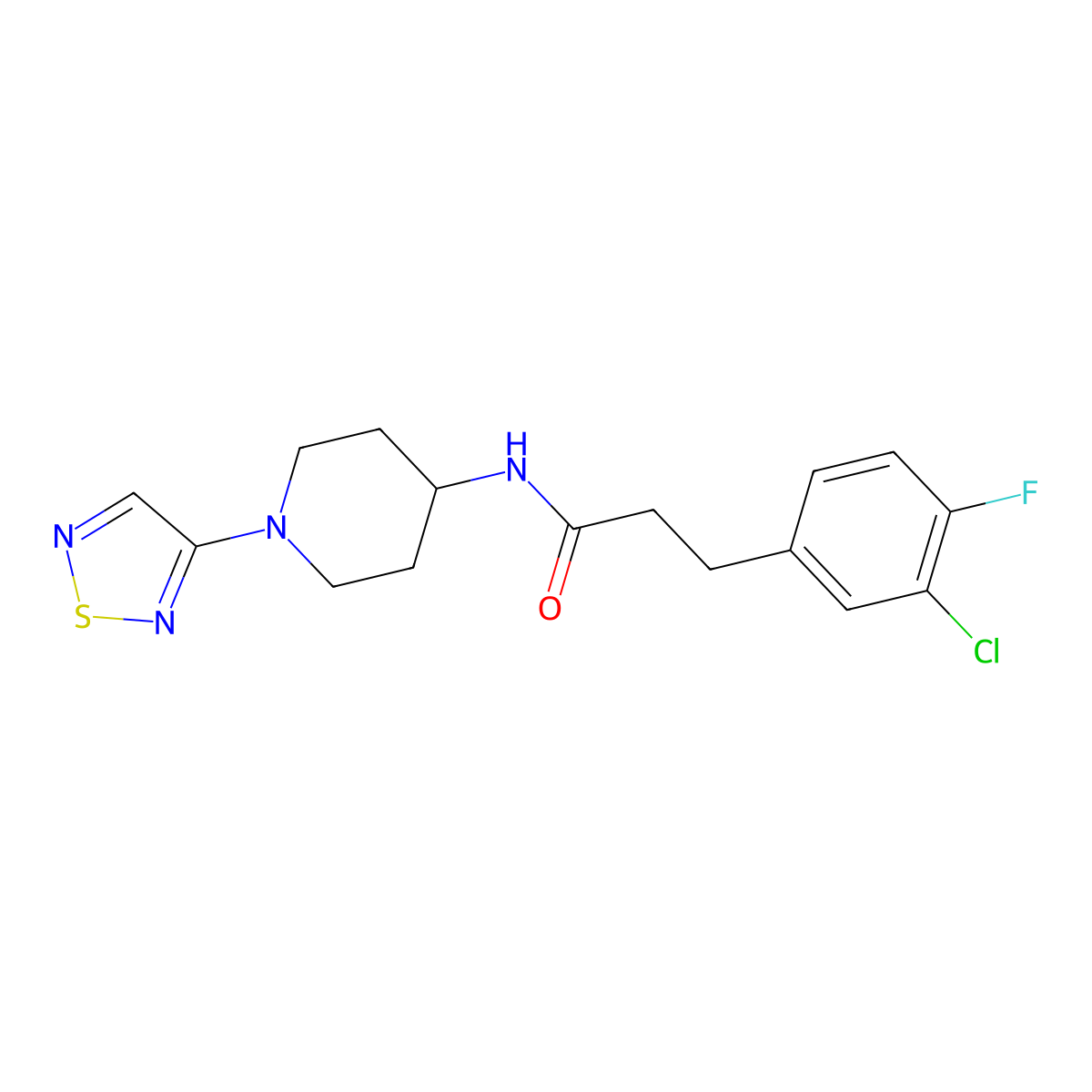 3-(3-chloro-4-fluorophenyl)-N-[1-(1,2,5-thiadiazol-3-yl)piperidin-4-yl]propanamide molecular structure, CAS 2034379-16-1